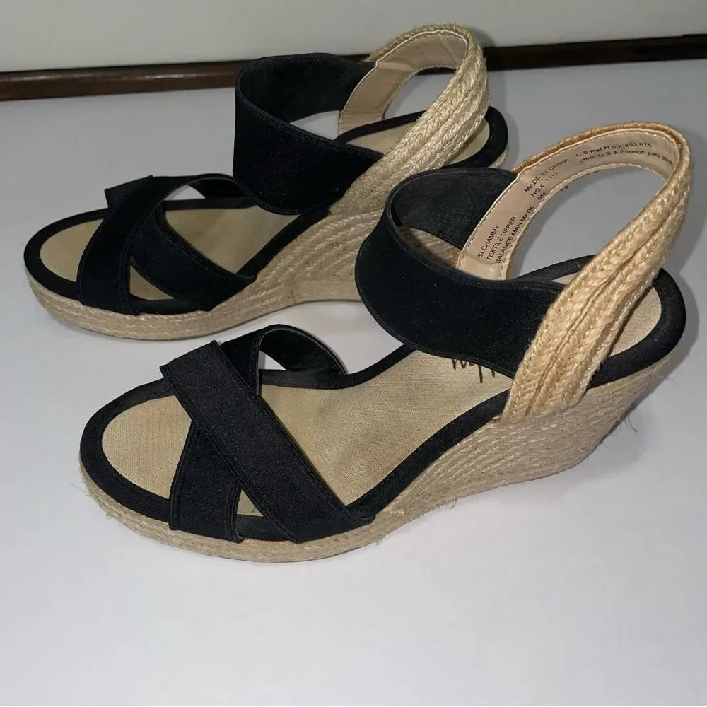 San & Libby Espadrille Wedge Sandals Black Strappy Women's Size 8